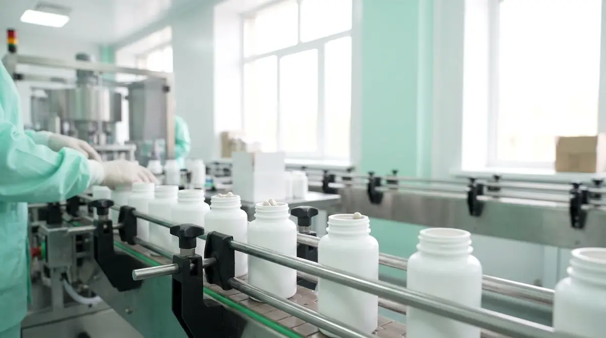 White supplement bottles being filled on a production line at a GMP-certified facility