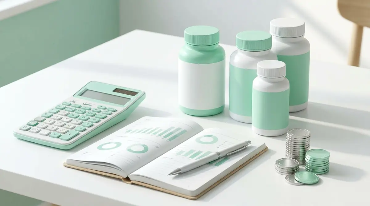 Supplement bottles beside a calculator, a notebook of budget charts, and stacked coins on a white desk