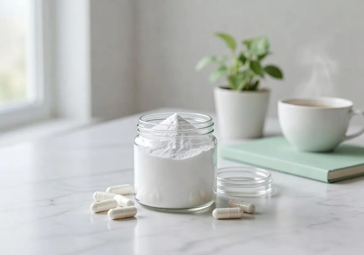 Creatine supplement powder and capsules alongside brain health and women's wellness imagery