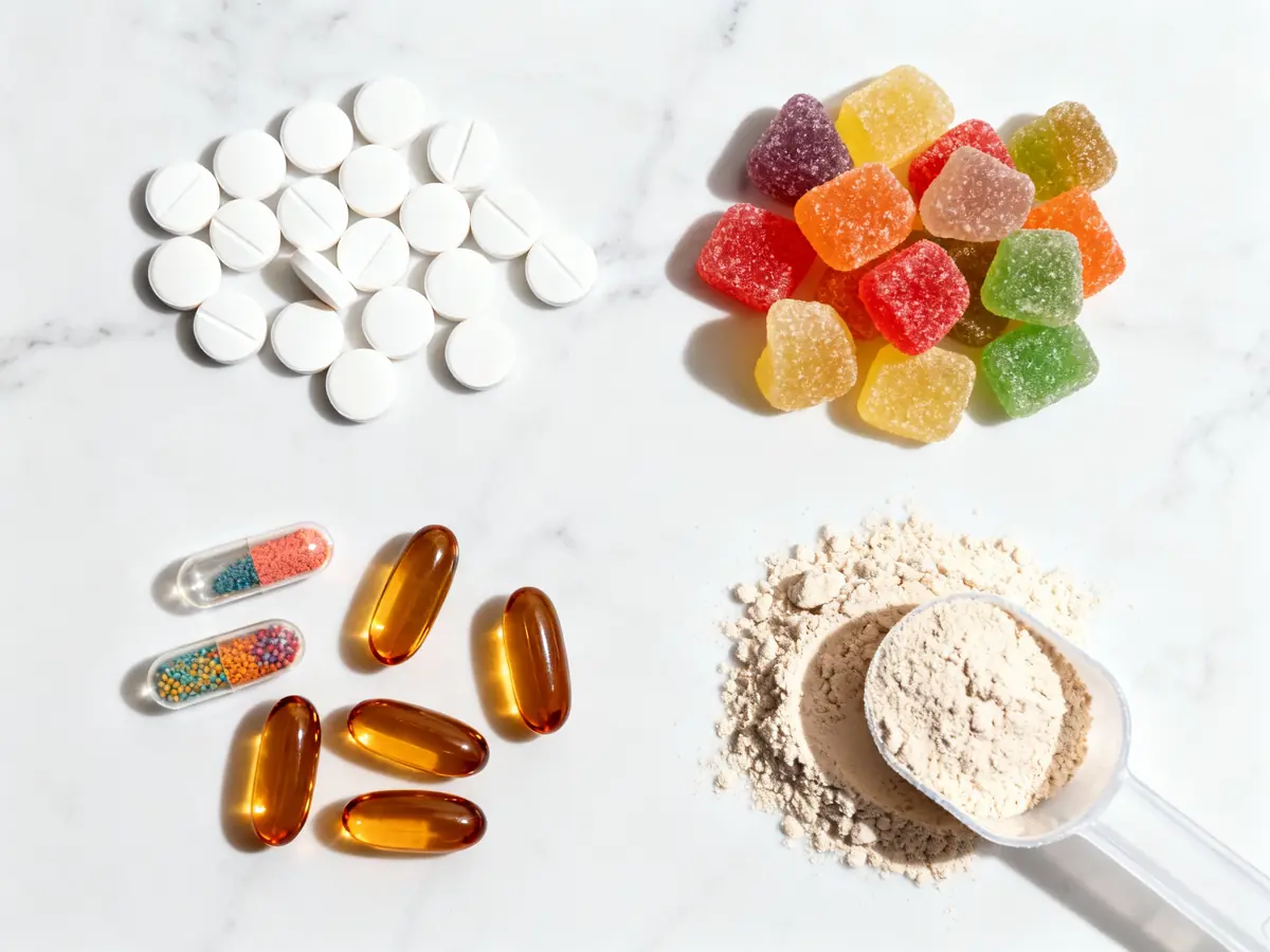 Various supplement dosage forms including tablets, capsules, softgels, gummies, and powder