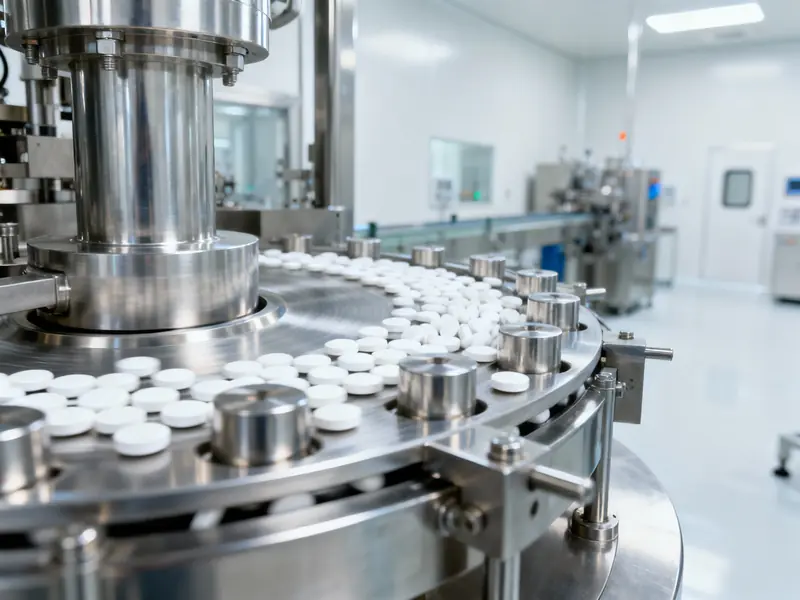 Tablet compression machinery in pharmaceutical manufacturing facility