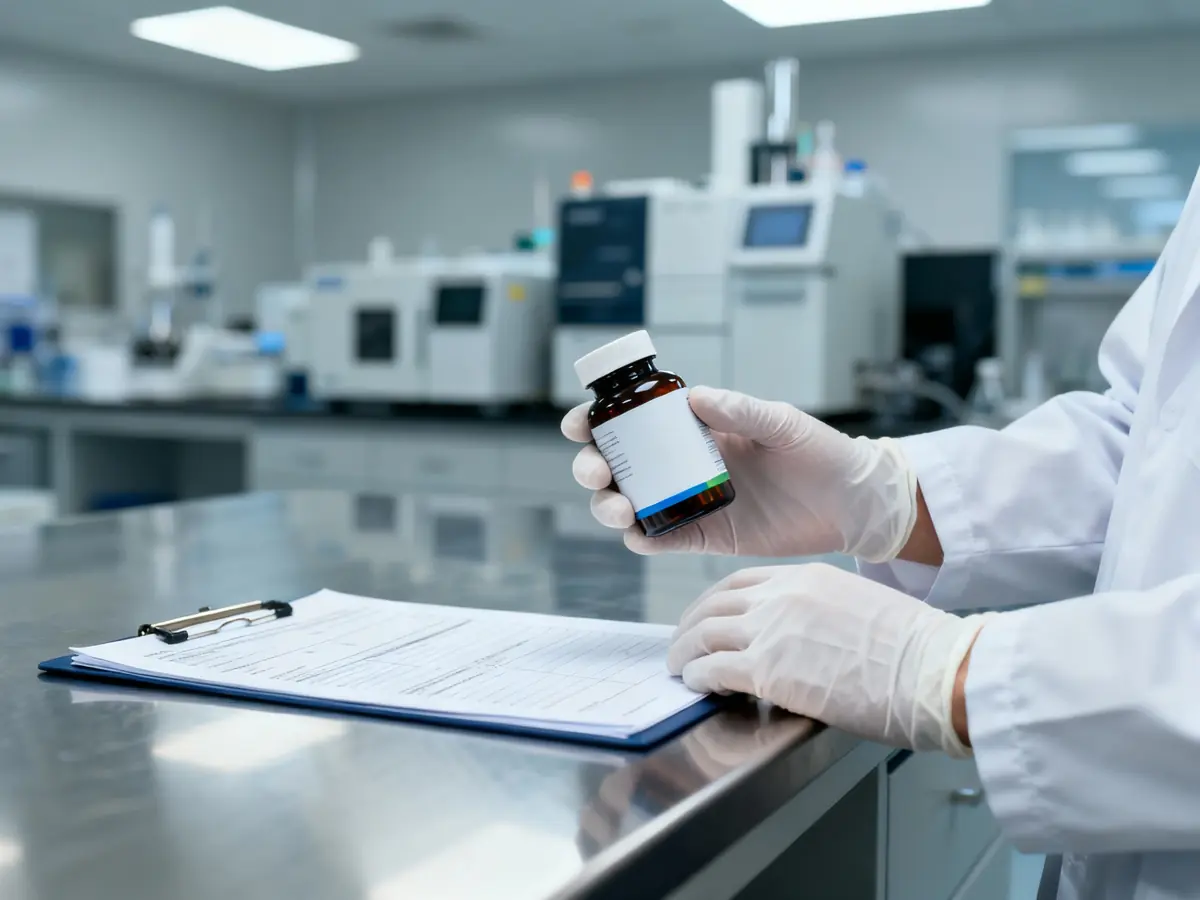Quality control inspection of supplement bottles in laboratory setting
