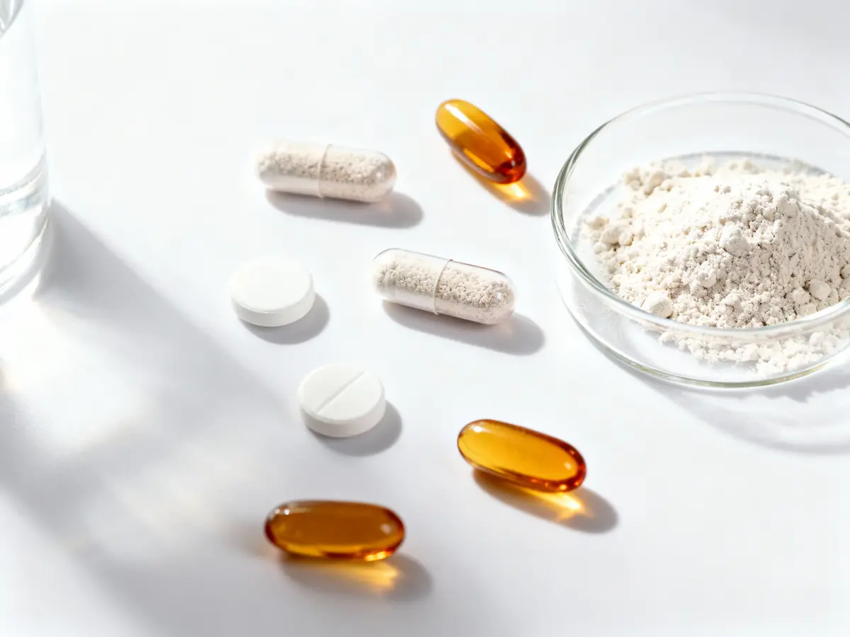 Various supplement forms including capsules, softgels, tablets, and powder showing different delivery methods