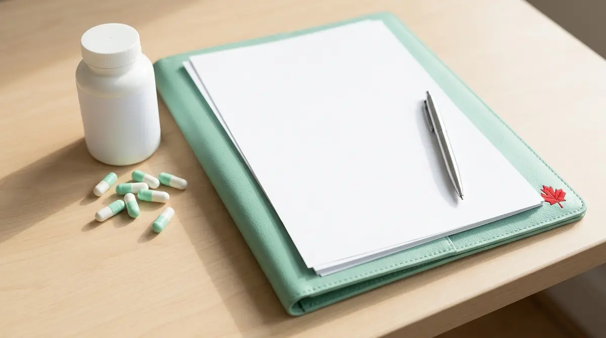 White supplement bottle and capsules beside a folio of application paperwork with a red maple leaf accent