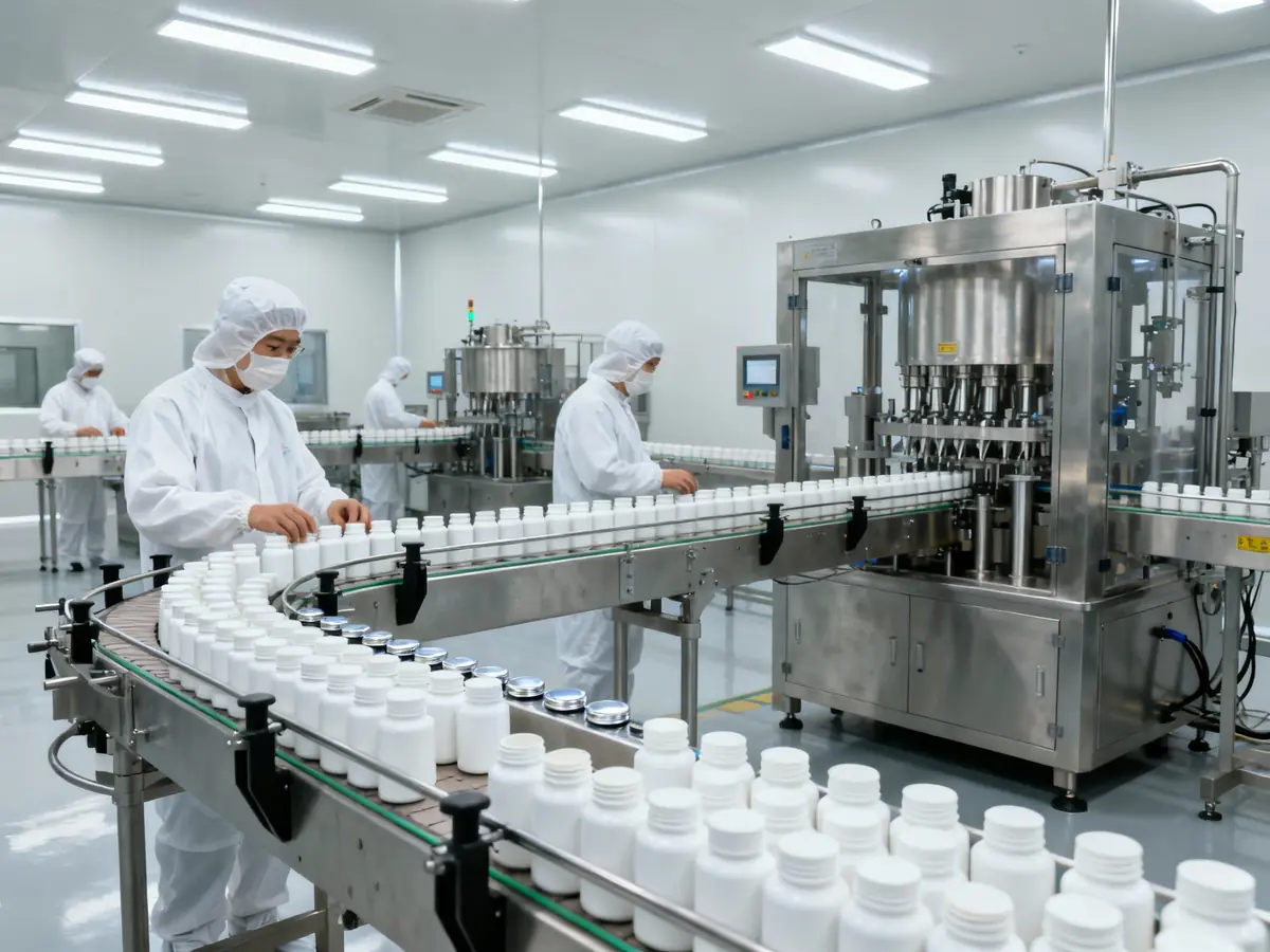 Modern supplement manufacturing production line with automated bottle filling equipment