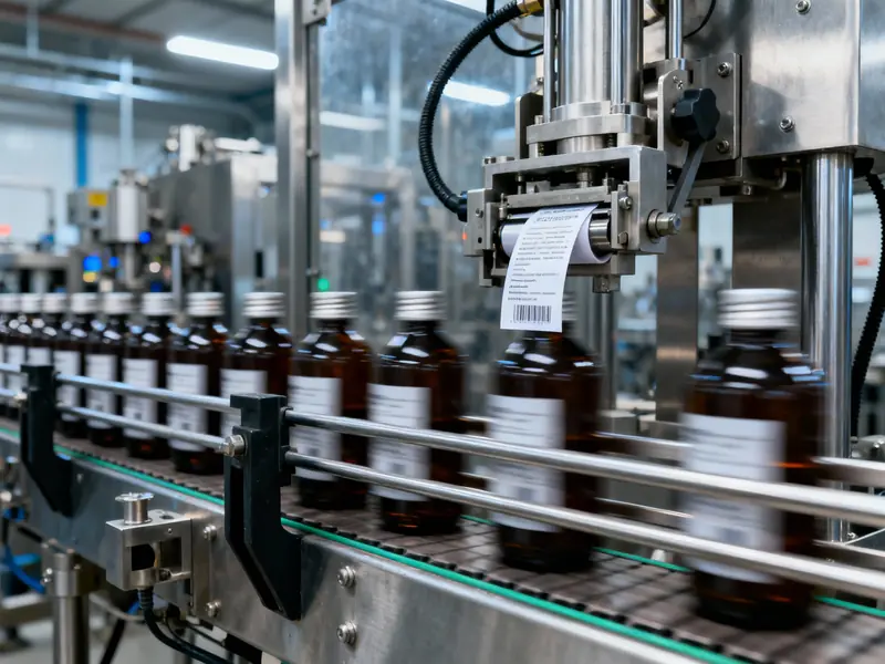Automated labeling machine applying labels to supplement bottles on production line