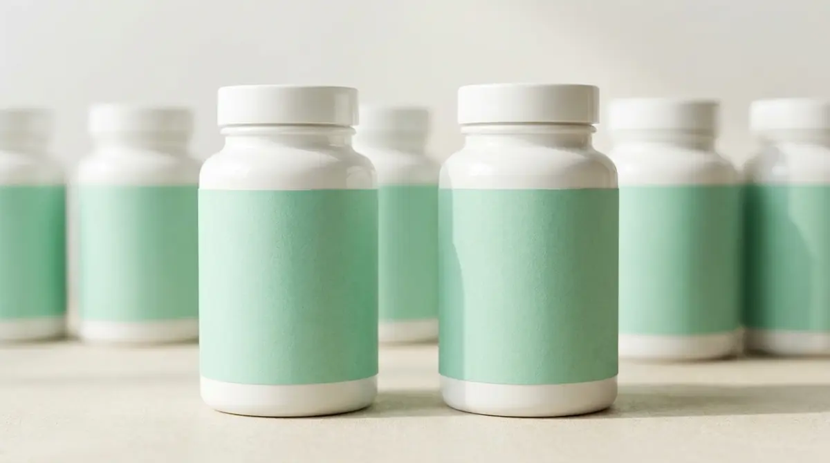 Row of white supplement bottles with blank mint-green labels ready for private label branding