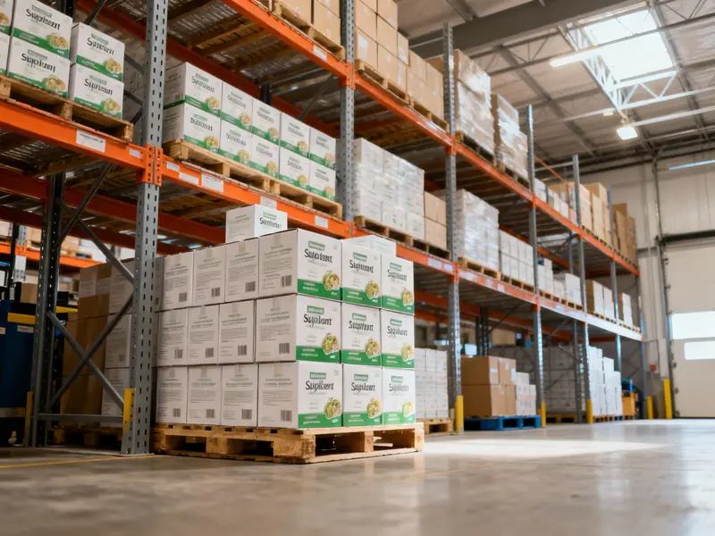 Modern supplement warehouse with organized inventory ready for fulfillment
