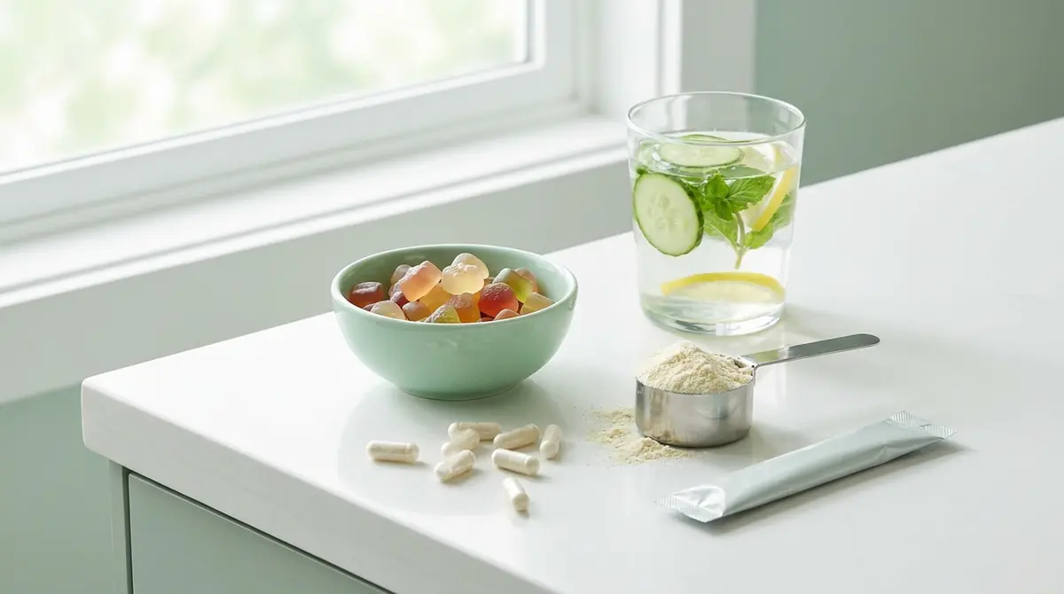 Gummy vitamins, capsules, a scoop of protein powder, a stick pack, and infused water on a counter