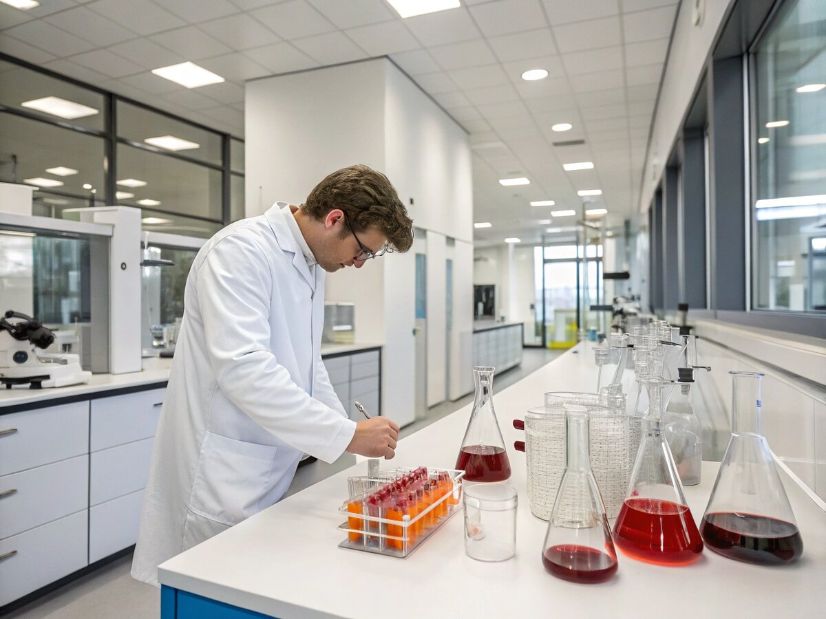 Scientist working on supplement formulation in modern laboratory