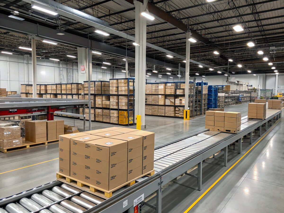 Modern fulfillment warehouse with organized supplement inventory and shipping operations