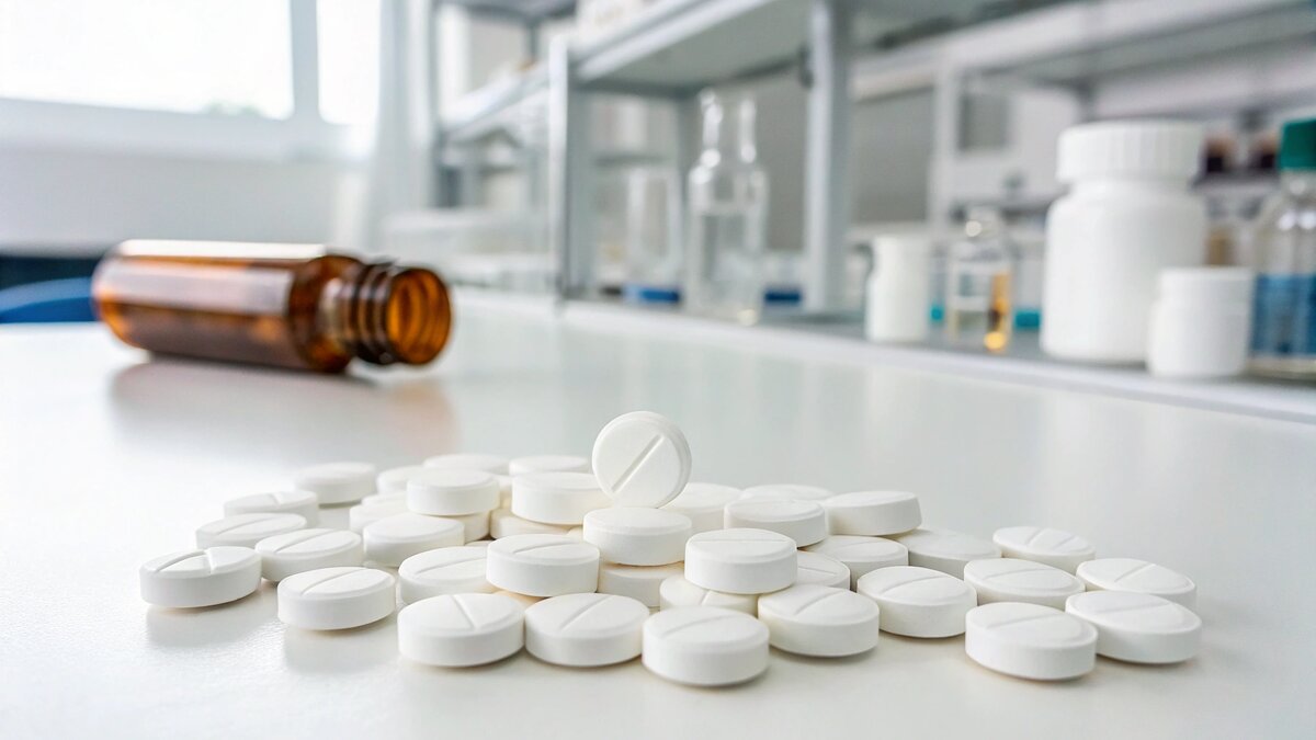 Professional white placebo tablets in clinical laboratory setting